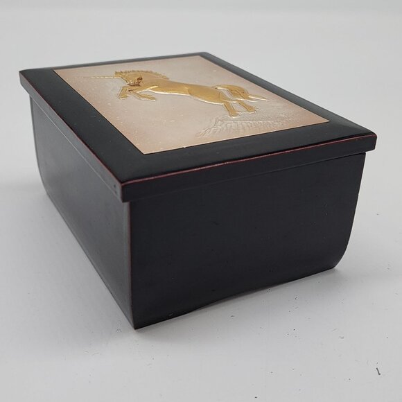 Gold Unicorn Black Lacquered Decorative Wooden Trinket Box With Velvet Interior - Picture 3 of 8